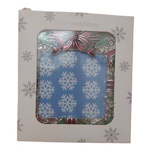 Square Christmas Tree Ornament with Painted Red Ribbon Frame & Bow–Photo Insert